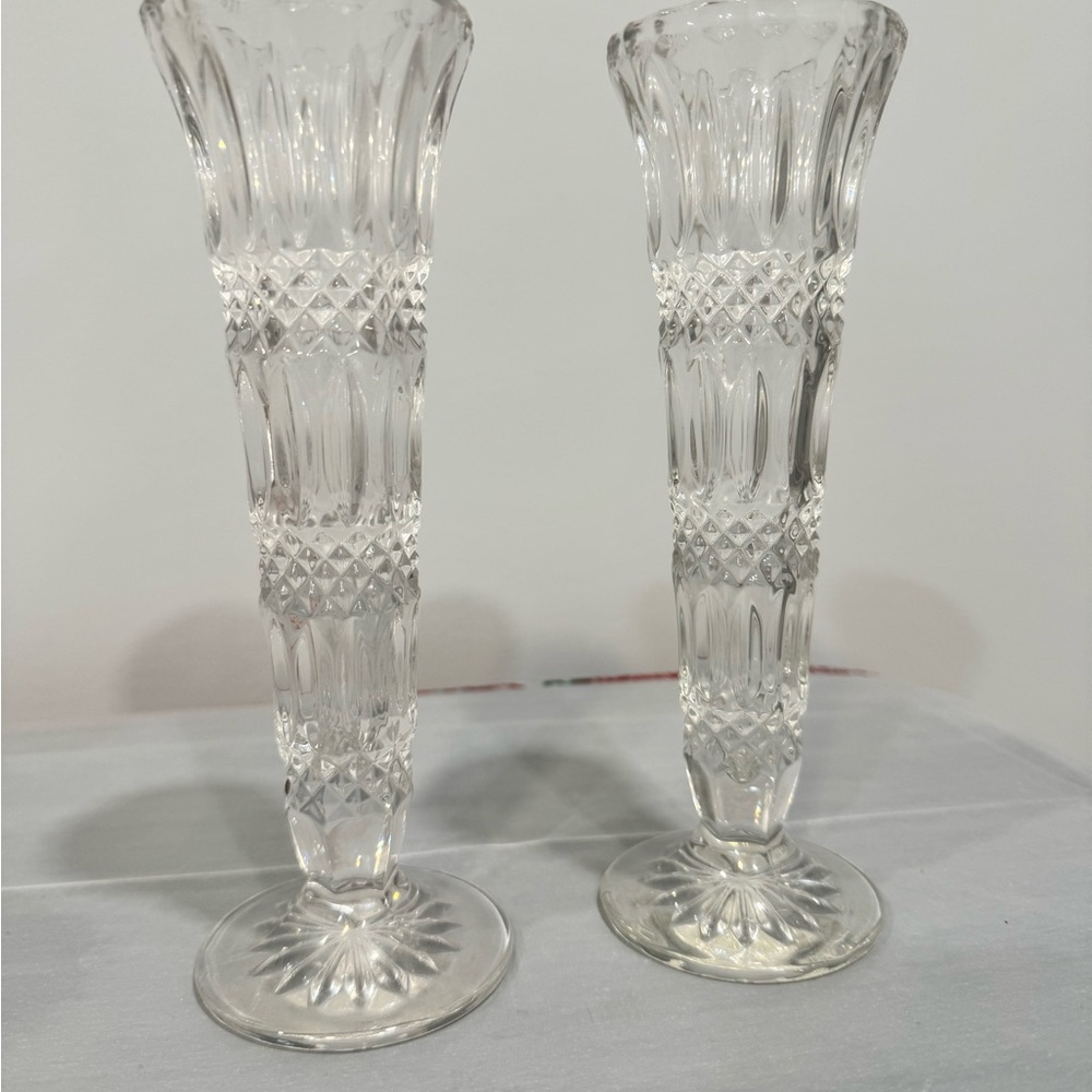 Set of 2 Vintage Clear Pressed Glass Bud Vases | Diamond Cut Tall